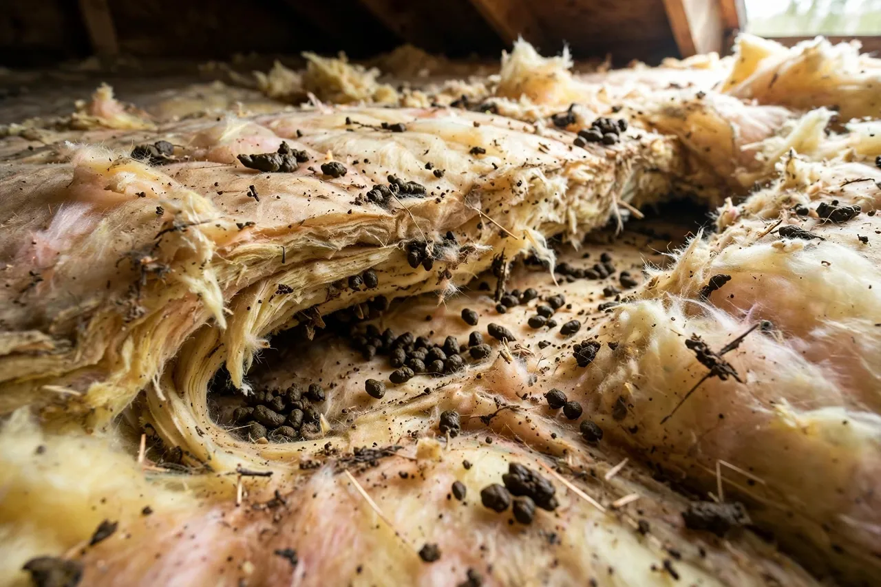 Attic Rodent Control in Provo, UT: attic insulation contaminated with rodent droppings and tunneling