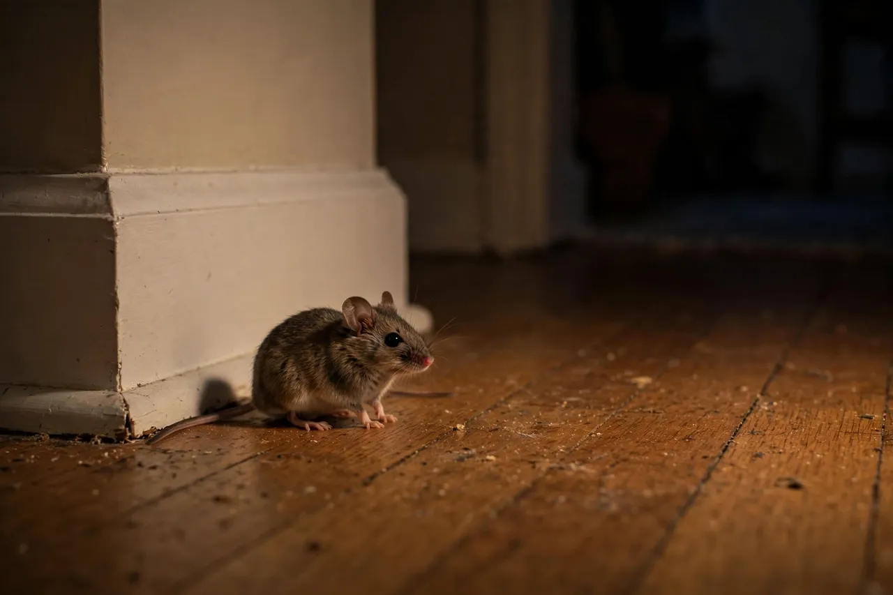 Mice Control in Provo, UT: house mouse beside a baseboard inside a home at night