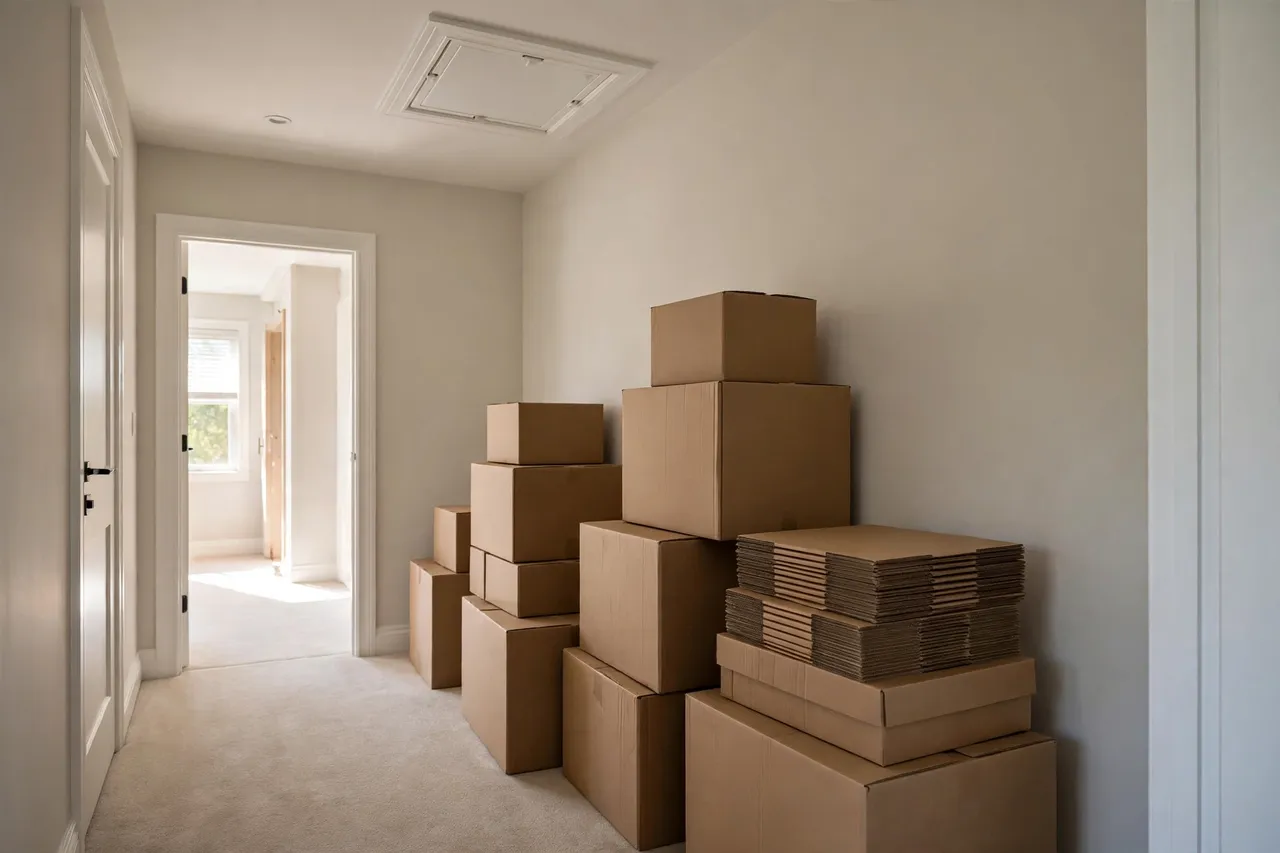 Moving boxes inside a new home with an attic hatch overhead — Just Moved In and Found Mice in Provo