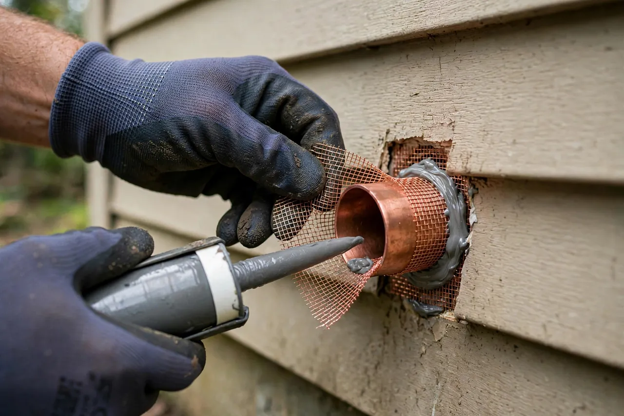 Sealing a pipe entry point with copper mesh and sealant — Rodent Control Services in Provo, UT